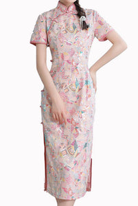 Short Sleeves Lace Graphic Sequin Midi Cheongsam Qipao