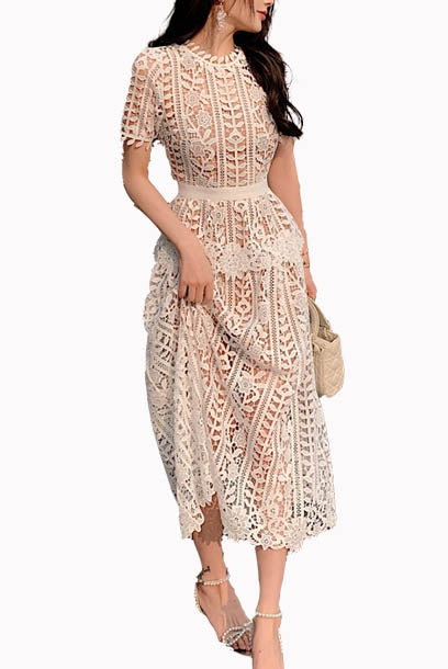 Short Sleeves Guipure Lace Tiered Midi Dress