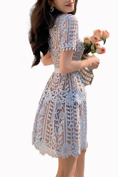 Short Sleeves Guipure Lace Tiered Mini Dress