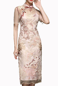 Short Sleeves Floral Lace Cheongsam