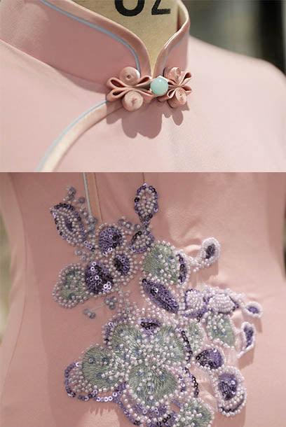 Short Sleeves Pink Embellished Cheongsam Qipao
