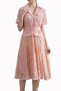 Short Sleeves Pink Lace Shirt Dress