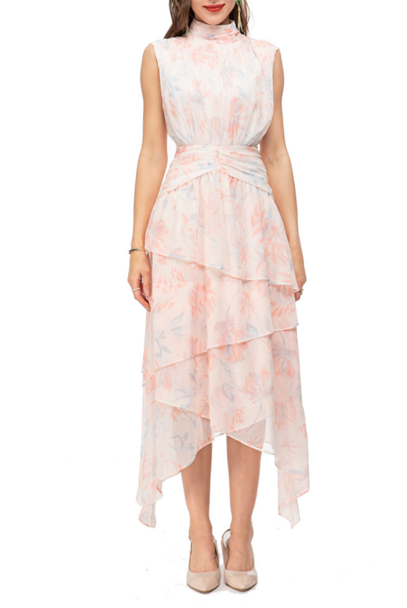 Sleeveless Asymmetrical Floral Midi Dress