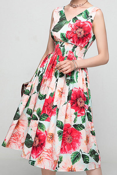 Sleeveless Camellia Floral Print Smocked Waist Dress