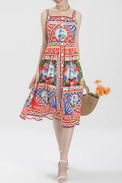 Sleeveless Carretto Printed Pleated Dress