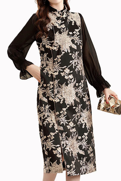 Sleeveless Jacquard  Midi Cheongsam