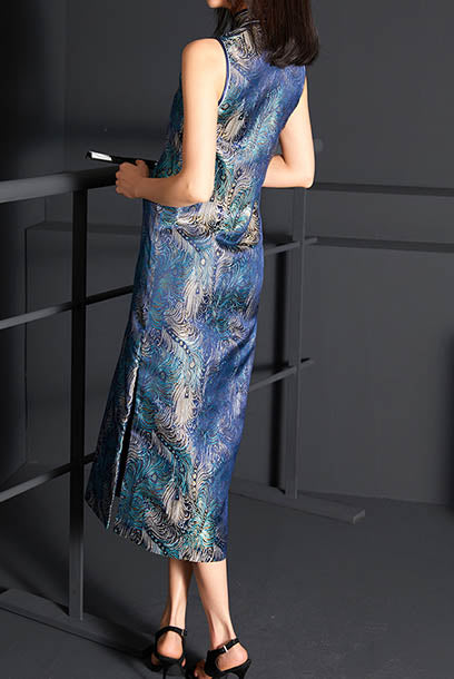 Sleeveless Printed Jacquard Midi Cheongsam Qipao