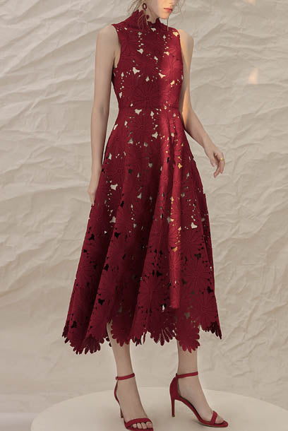 Sleeveless Red Guipure Lace Midi Dress