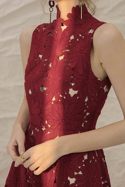 Sleeveless Red Guipure Lace Midi Dress
