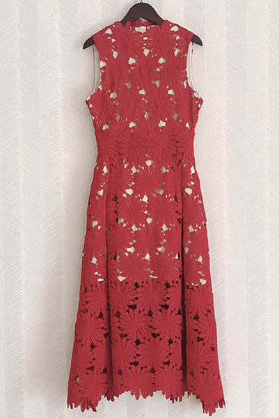 Sleeveless Red Guipure Lace Midi Dress