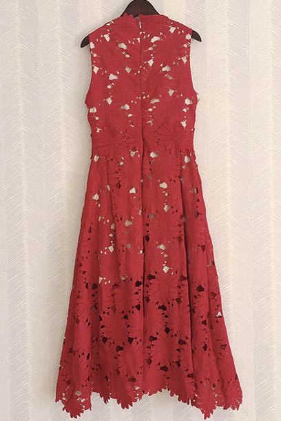 Sleeveless Red Guipure Lace Midi Dress