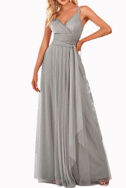Sleeveless V-Neckline Tulle Evening Gown