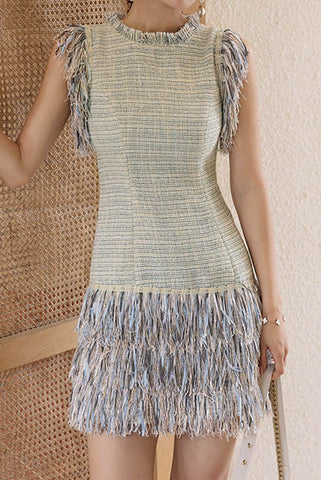 Sleeveless Tweed Tassel Mini Dress