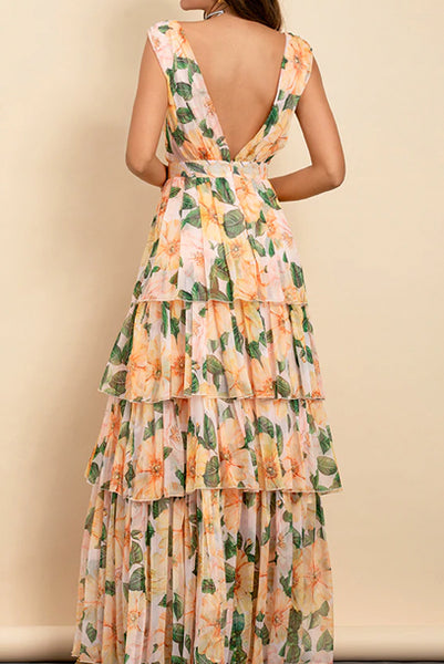 Sleeveless V Neck Camellia Printed Tiered Skirt Dress
