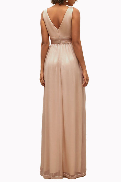 Sleeveless V Neckline Rose Gold Evening Gown