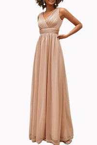 Sleeveless V Neckline Rose Gold Evening Gown