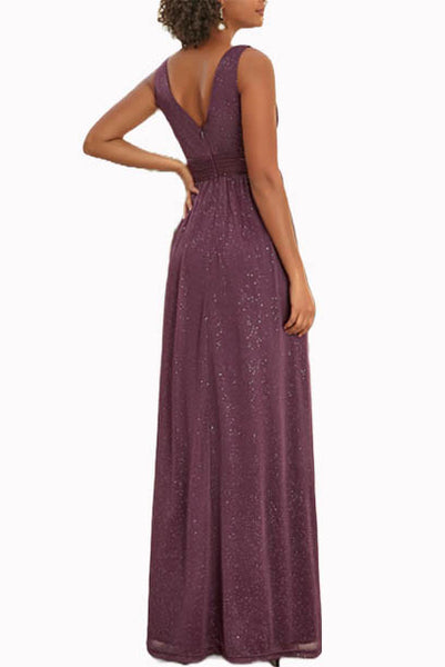 Sleeveless V Neckline Ruched Purple Evening Gown