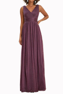Sleeveless V Neckline Ruched Purple Evening Gown