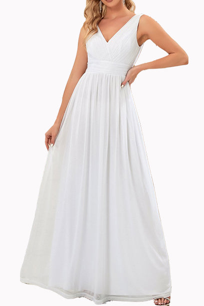 Sleeveless V Neckline White Evening Gown