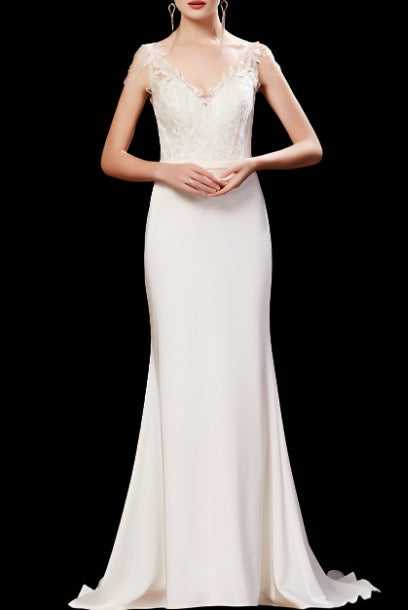 Sleeveless White Lace Satin Evening Gown