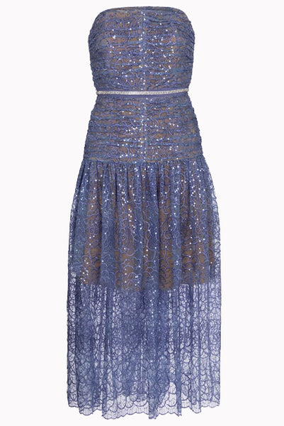 Strapless Sequined Blue Midi Dress