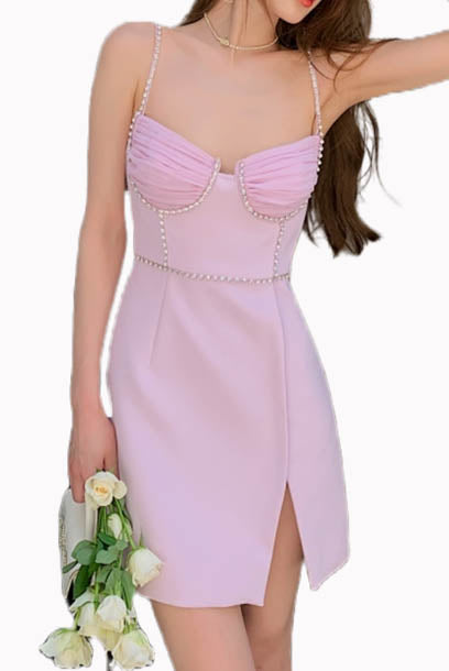 Straps Diamante Tiered Pink Mini Dress