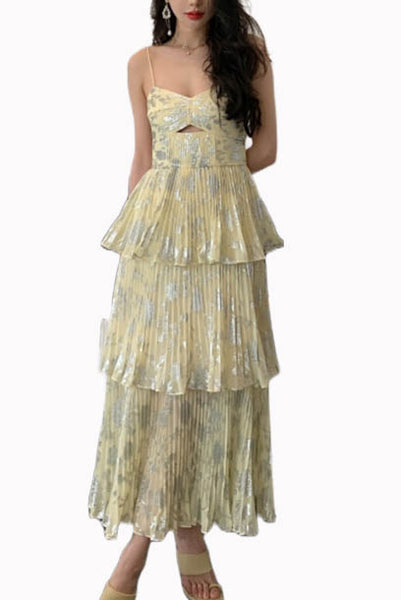 Yellow Metallic Tiered Midi Dress