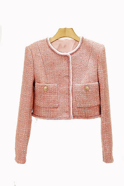 Long Sleeves Pink Tweed Jacket