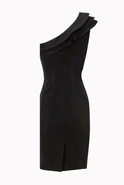 One Shoulder Ruffles Pencil Black Cocktail Dress
