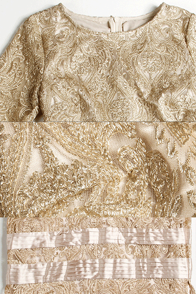Elbow Sleeves Gold Embroidered Lace Pencil Dress