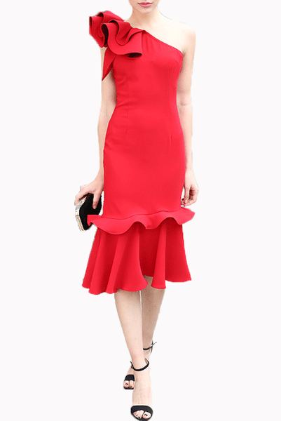 One Shoulder Red Ruffles Cocktail Dress