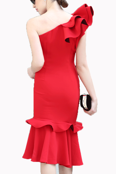 One Shoulder Red Ruffles Cocktail Dress