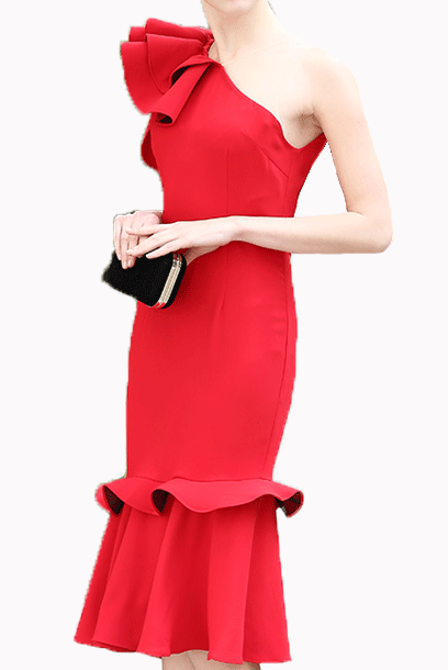 One Shoulder Red Ruffles Cocktail Dress