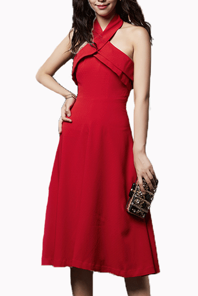 Red Halter Neck Fit & Flare Midi Dress