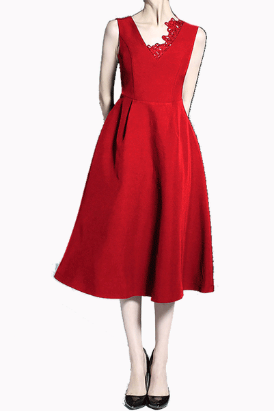 Sleeveless Lace Trim V Neckline Red Midi Dress