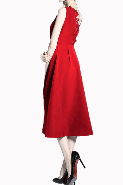 Sleeveless Lace Trim V Neckline Red Midi Dress