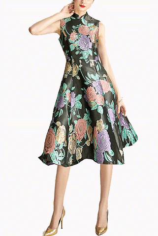 Sleeveless Floral Brocade Fit & Flare Cheongsam Dress