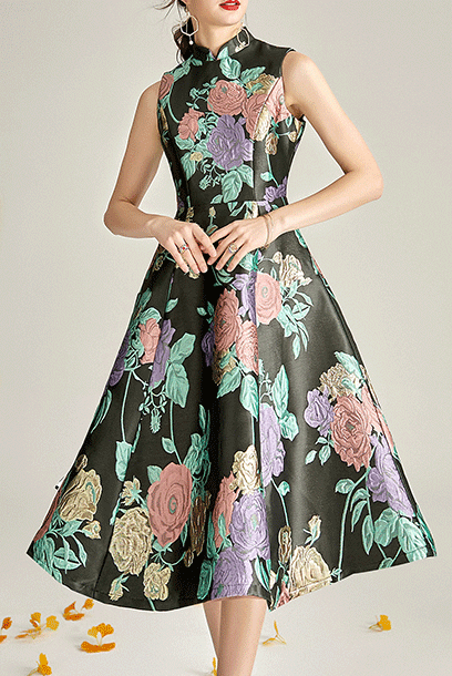 Sleeveless Floral Brocade Fit & Flare Cheongsam Dress