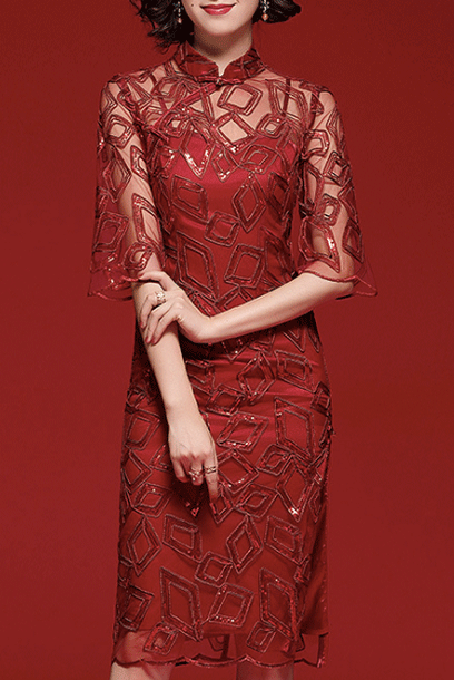 Elbow Sleeves Red Geometrical Sequin Lace Cheongsam