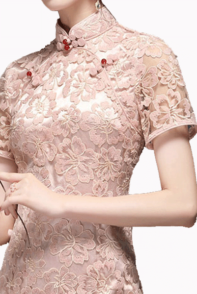 Short Sleeves Pink Lace Qipao Cheongsam