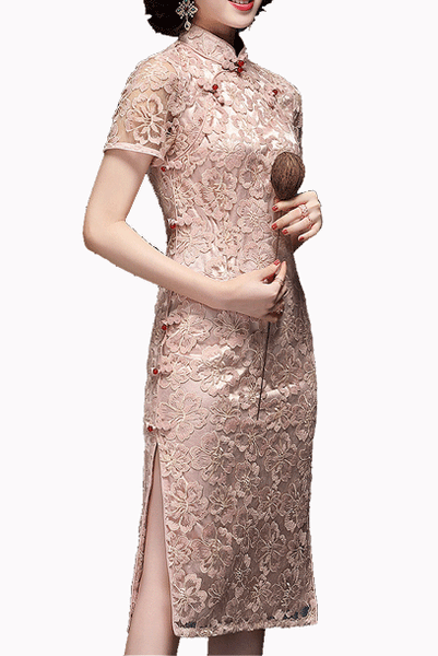 Short Sleeves Pink Lace Qipao Cheongsam