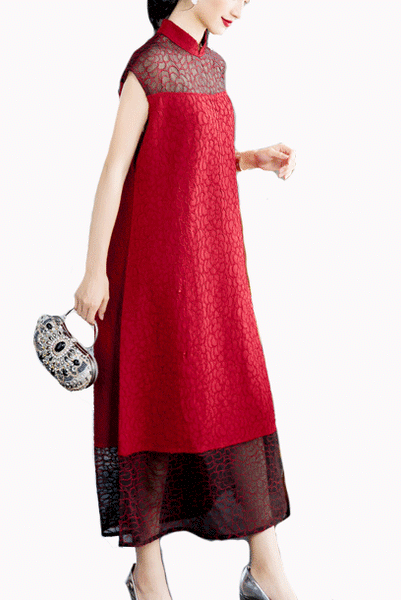 Cap Sleeves Pleats Please Midi Cheongsam