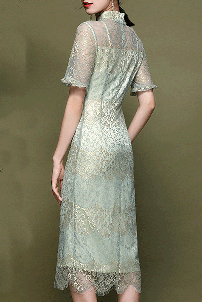 Short Sleeves Metallic Lace Midi Cheongsam