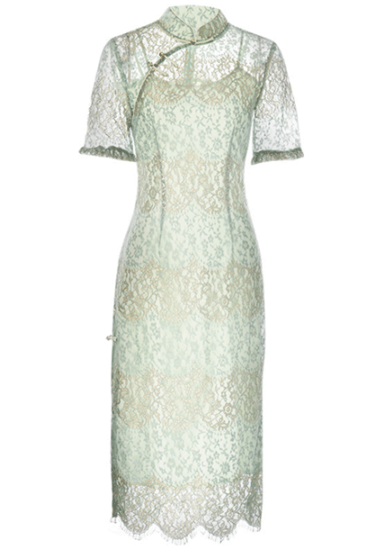 Short Sleeves Metallic Lace Midi Cheongsam