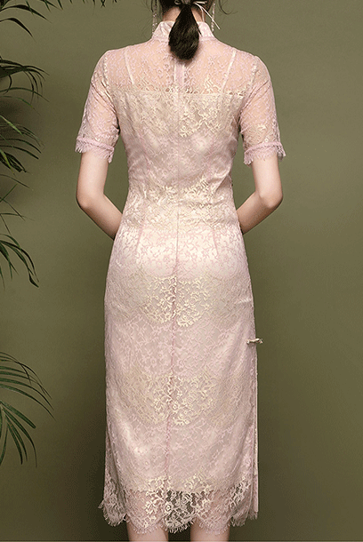 Short Sleeves Metallic Lace Midi Cheongsam