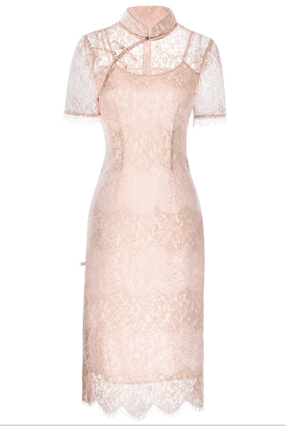 Short Sleeves Metallic Lace Midi Cheongsam