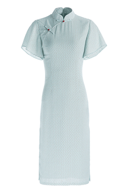 Bell Sleeves Blue Polka Dots Qipao Cheongsam