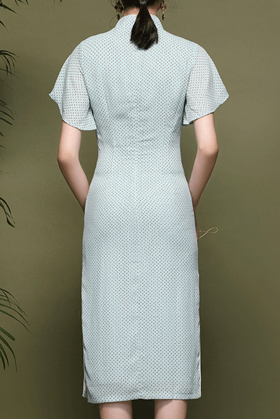 Bell Sleeves Blue Polka Dots Qipao Cheongsam
