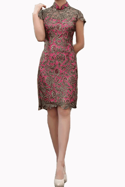 Cap Sleeves Gold Pink Lace Contrast Cheongsam