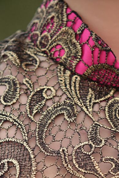 Cap Sleeves Gold Pink Lace Contrast Cheongsam